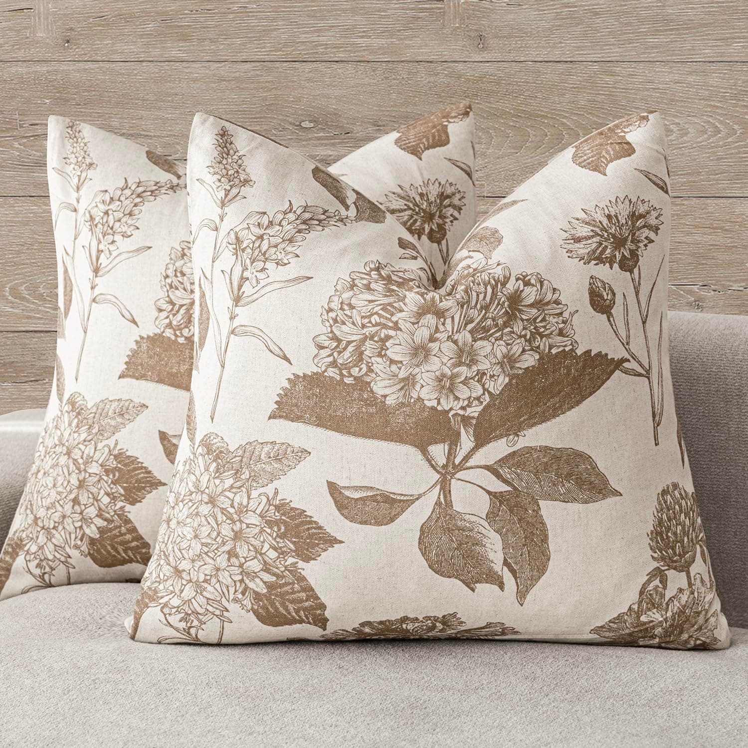 Vintage Floral Linen Throw Pillow Covers Set of 2 for Farmhouse Home Decor, 22x22 Inch