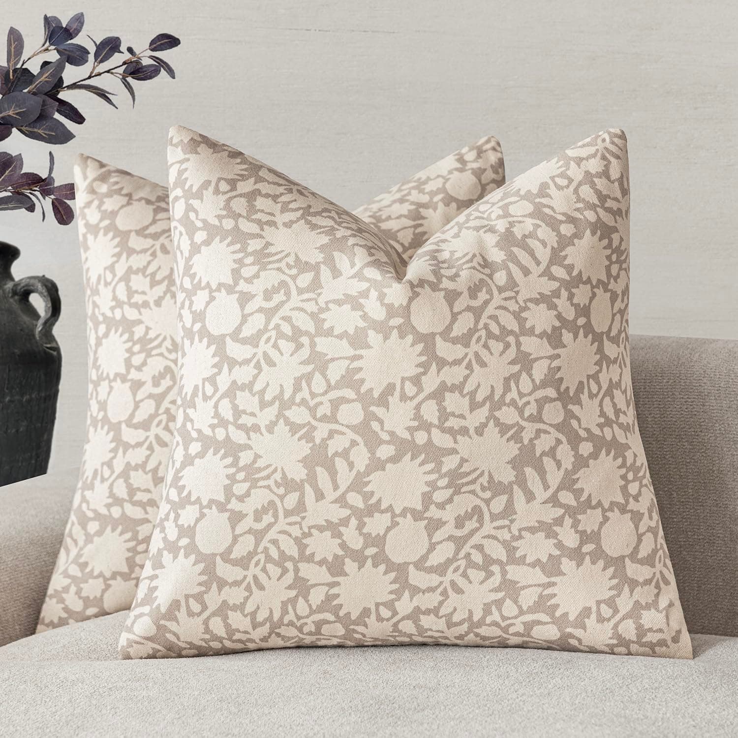 Neutral Floral Throw Pillow Covers Set of 2 for Farmhouse Decor - 20x20 Inch, Ivory Beige