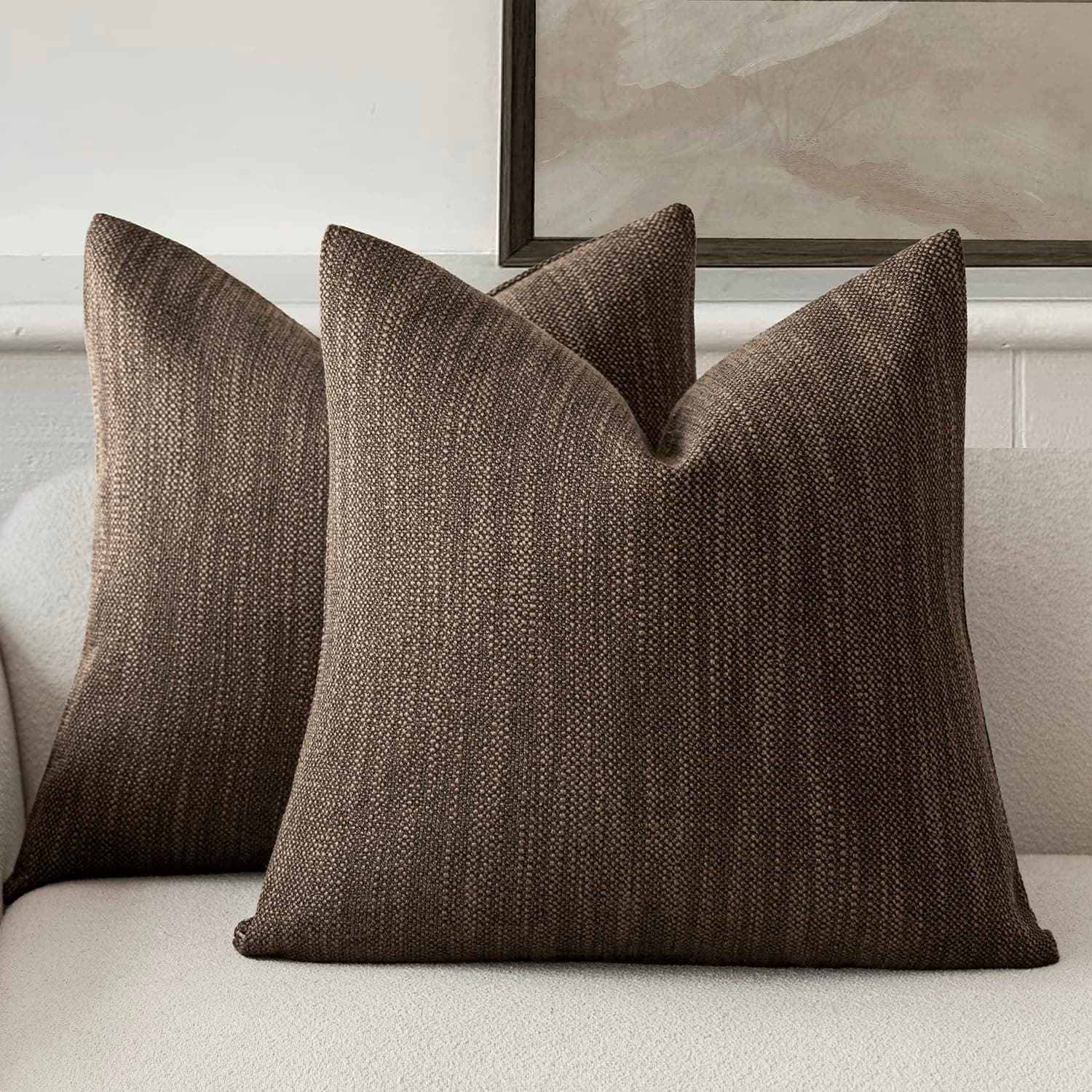 Farmhouse Burlap Linen Throw Pillow Covers, Set of 2 - 18x18 Inch, Chocolate
