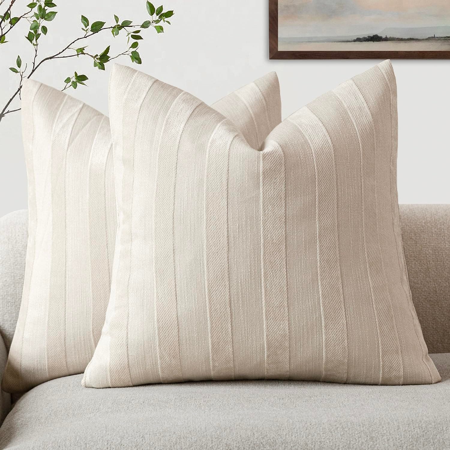 Foindtower Set of 2 Striped Chenille Throw Pillow Covers - Soft 24x24 Inch Luxury Accents for Bedroom, Couch, and Living Room Home Decor in Natural Ivory