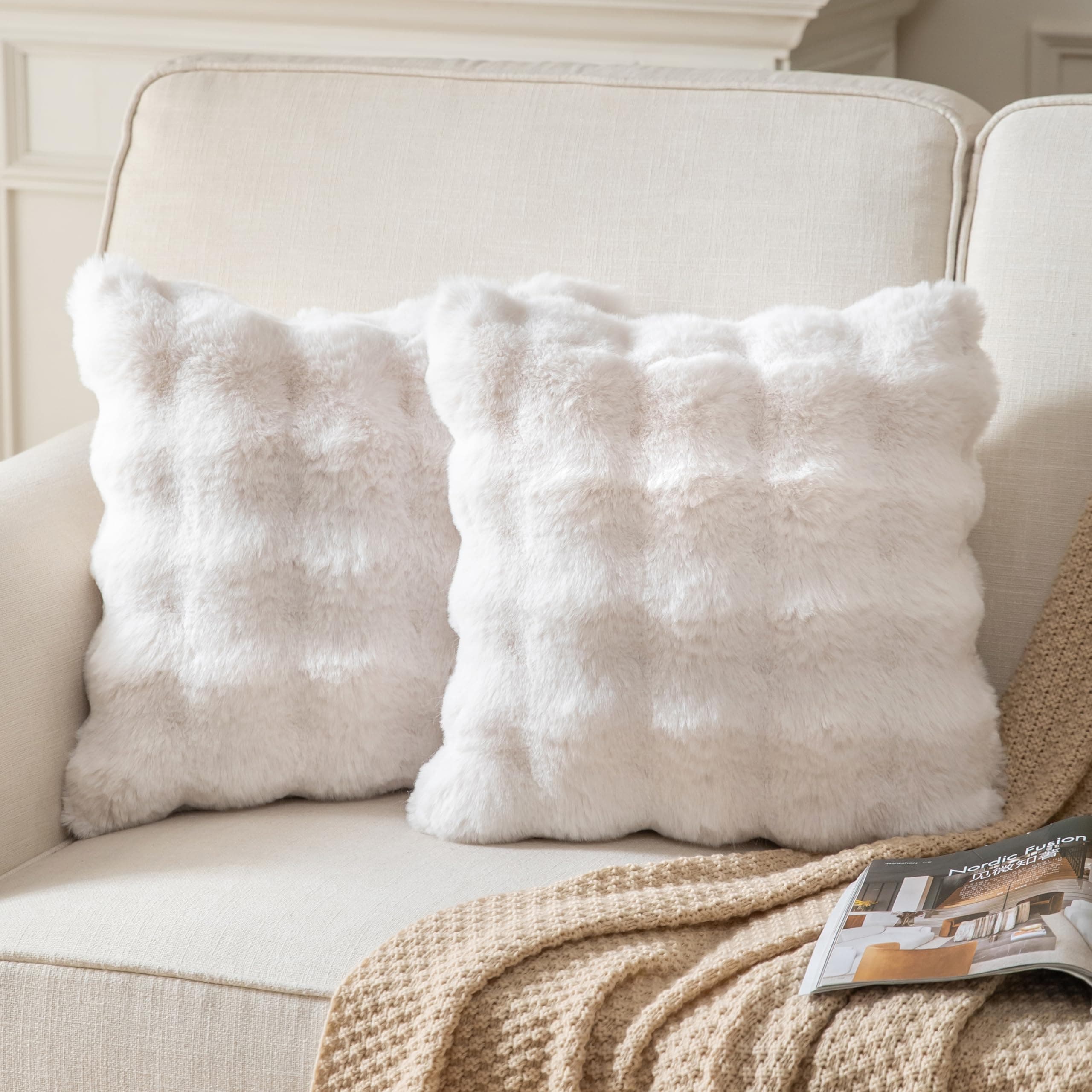 2 Pack Fluffy Faux Fur Throw Pillow Covers for Sofa Couch White