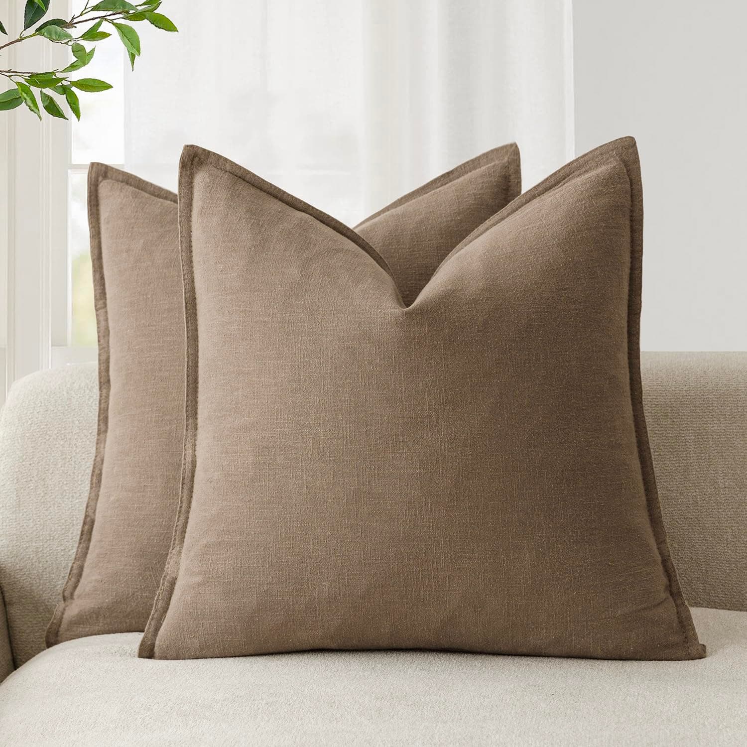 Decorative Linen Throw Pillow Covers 22 x 22 Inch Light Brown Pack of 2