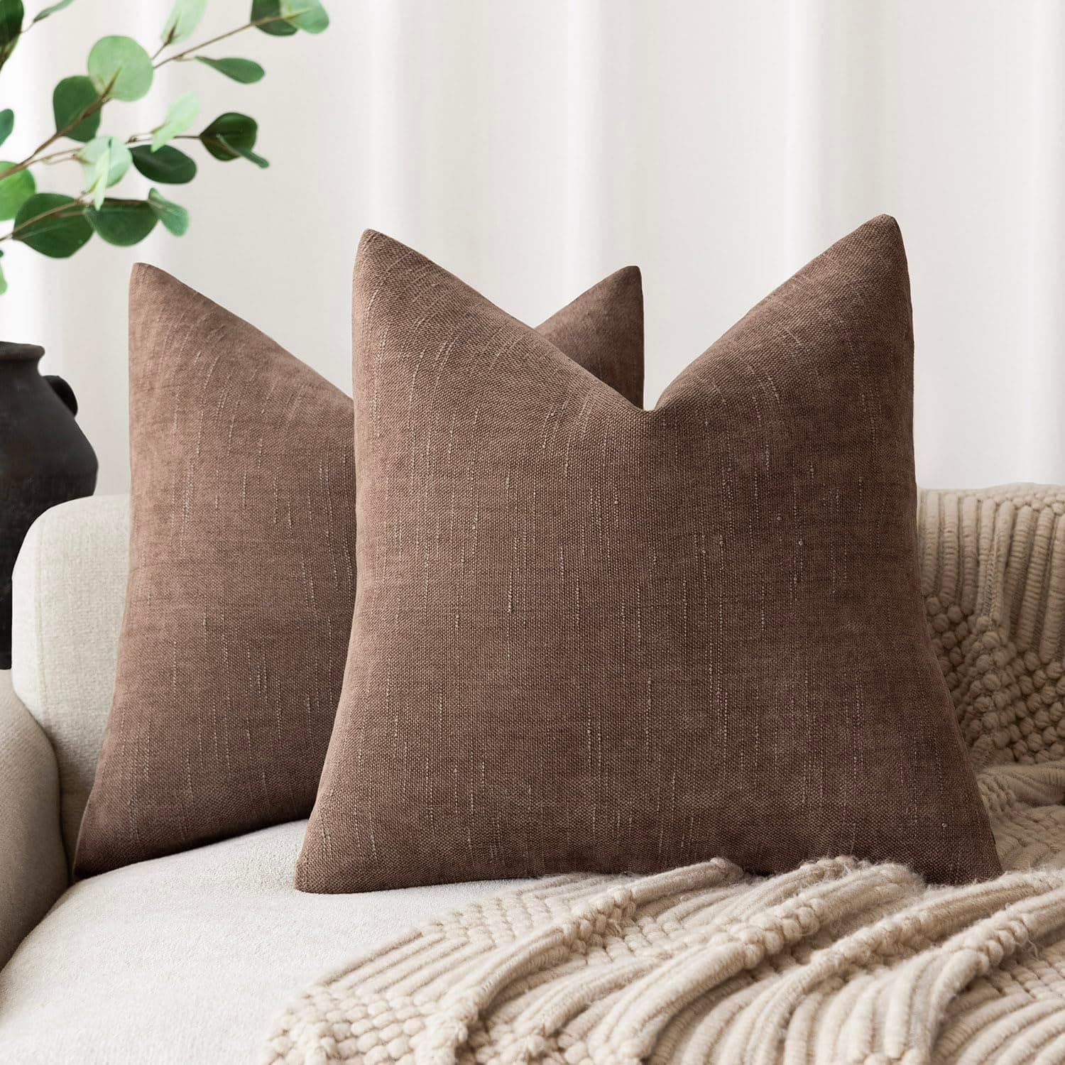 Soft Chenille Throw Pillow Covers for Couch Sofa Bedroom, Set of 2 - 20x20 Inch, Chocolate