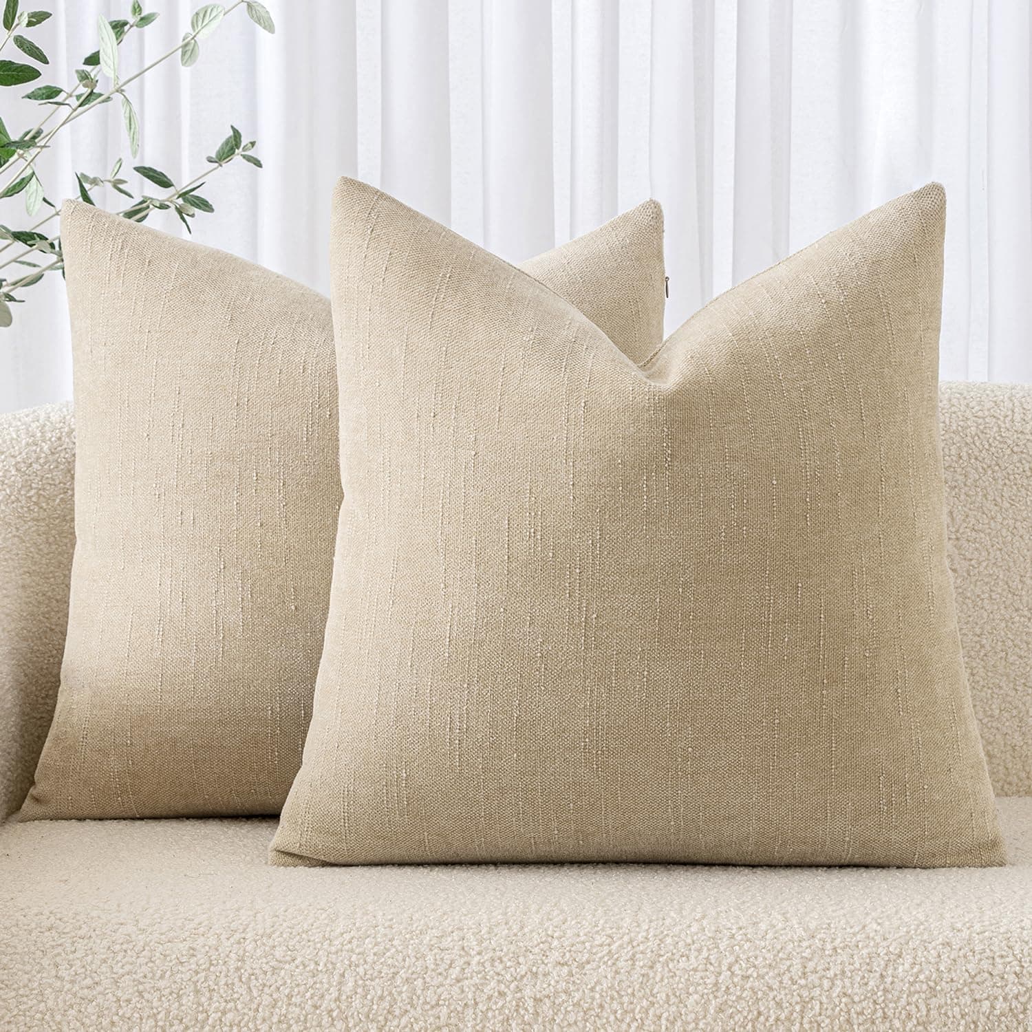 2 Pack Soft Chenille Throw Pillow Covers for Living Room 18x18 Inch, Beige
