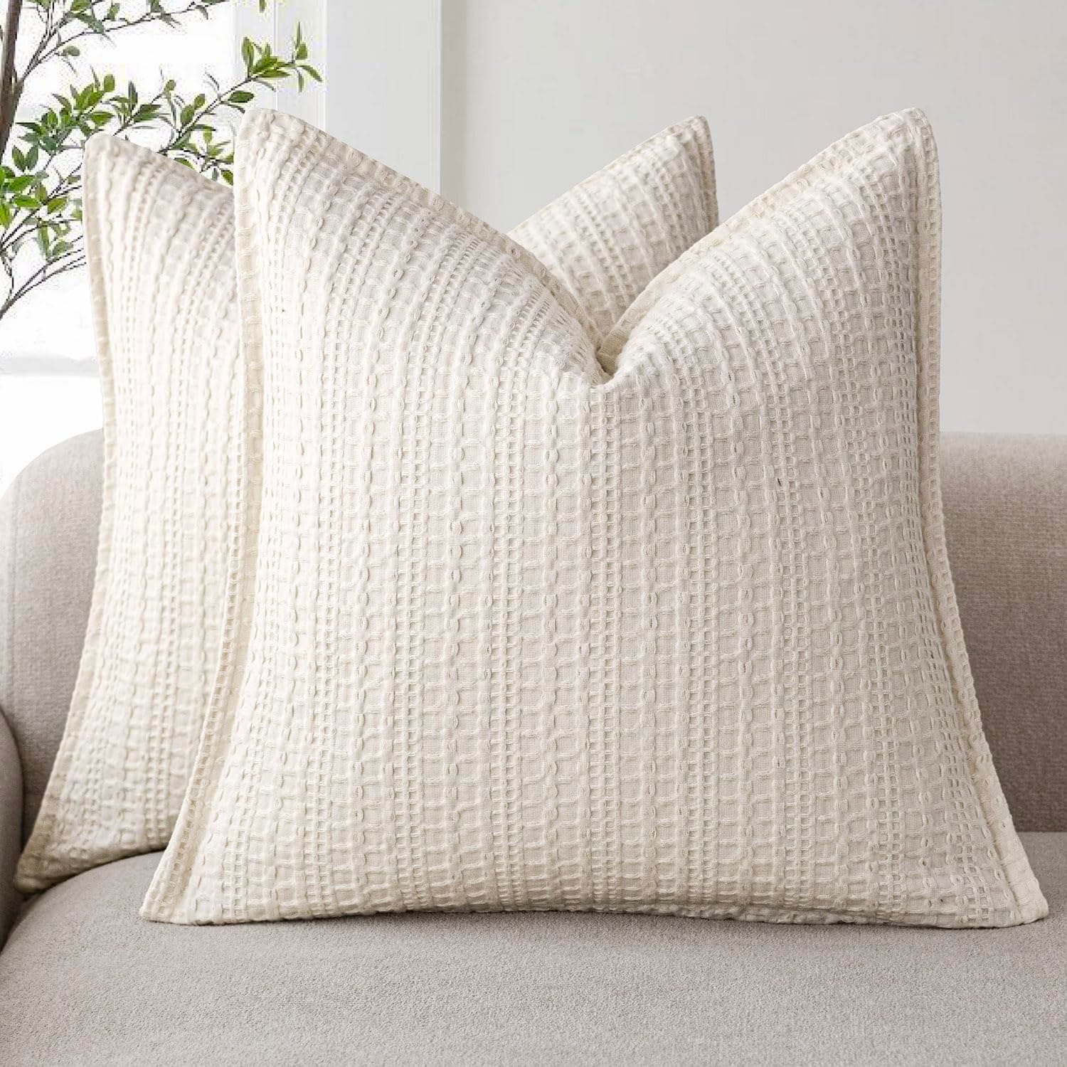 Foindtower Set of 2 18x18 Inch Ivory Cotton Waffle Weave Throw Pillow Covers for Home Decor