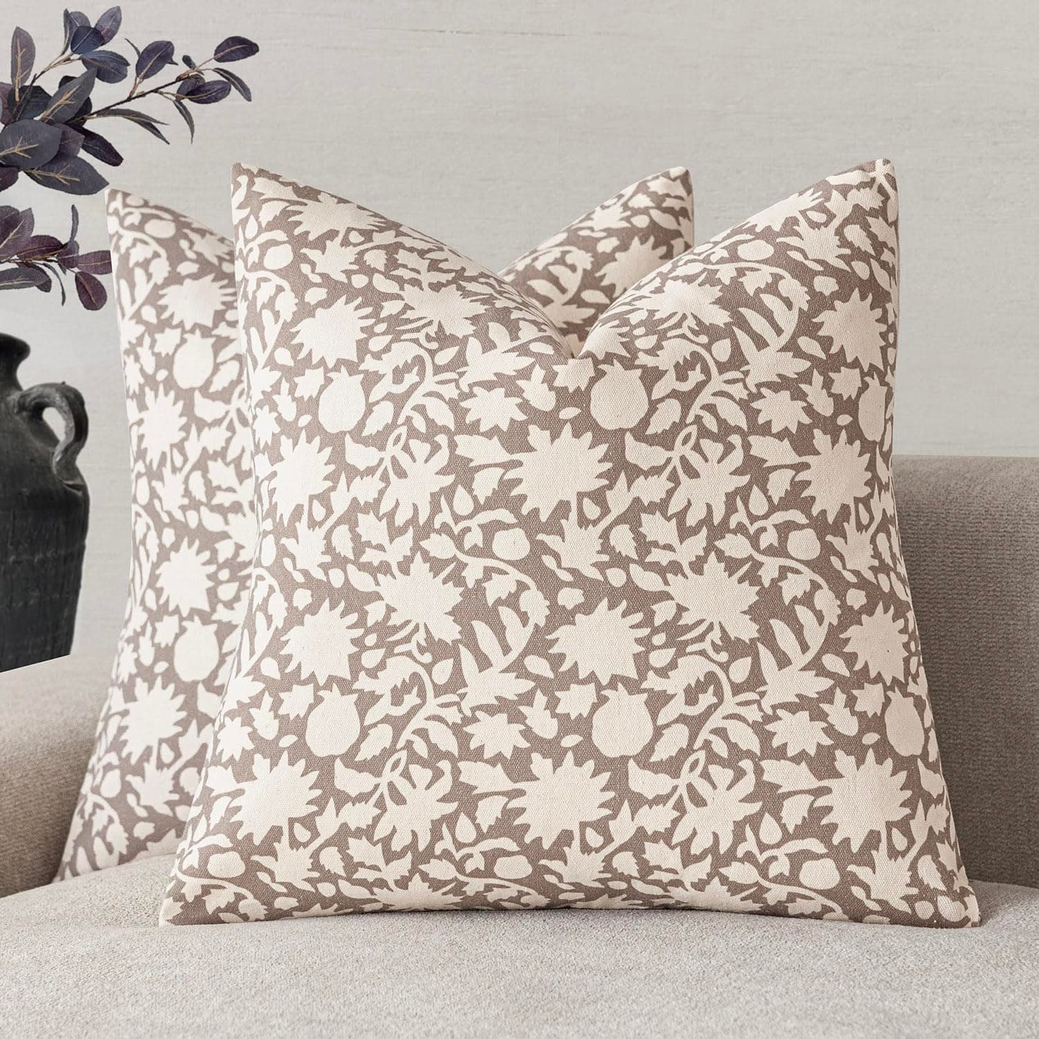 Neutral Floral Farmhouse Throw Pillow Covers - Set of 2 for Couch Sofa Bedroom Outdoor - 18x18 Inch