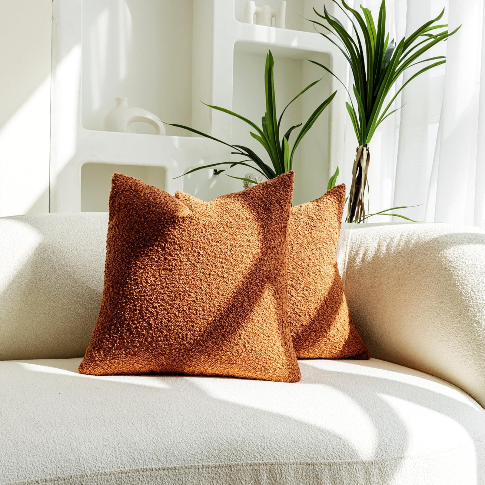 Textured Boucle Throw Pillow Covers Set of 2 18x18 Rust Neutral Home Decor