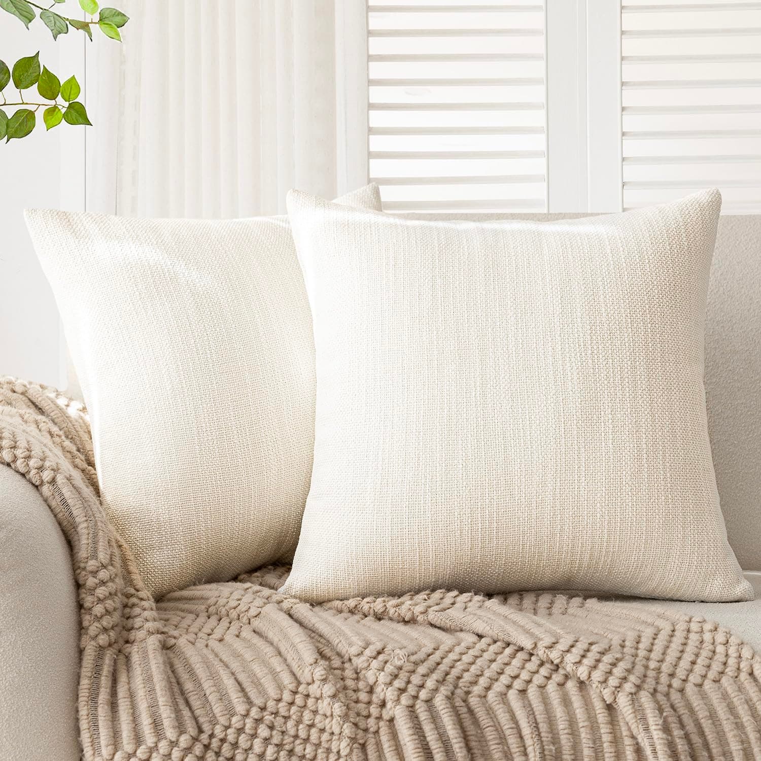 Textured Burlap Linen Throw Pillow Covers for Farmhouse Decor - Set of 2, Cream White, 24x24 Inch