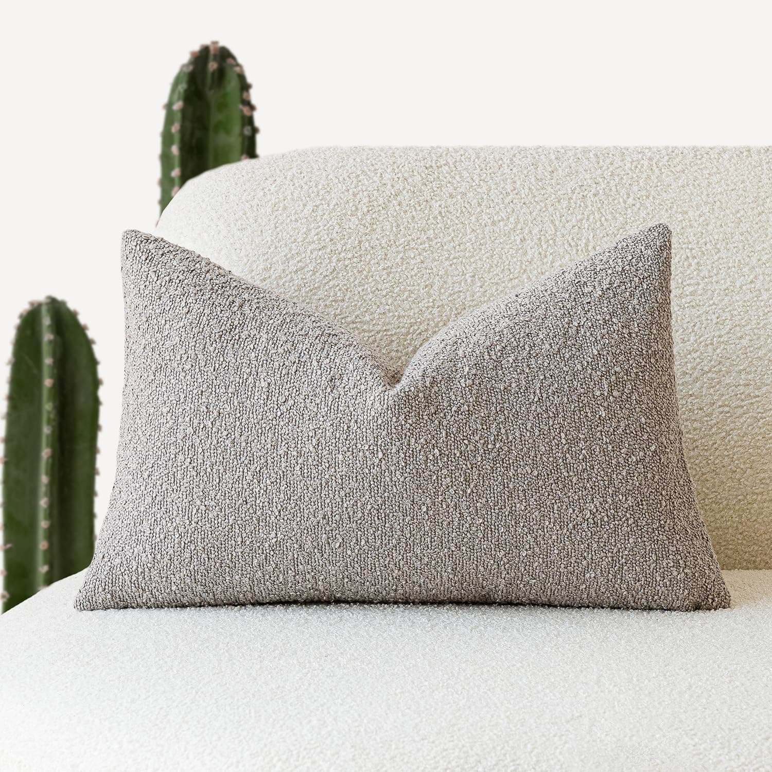 Neutral Grey Boucle Throw Pillow Covers - 12 x 20 Inch - for Living Room Home Decor