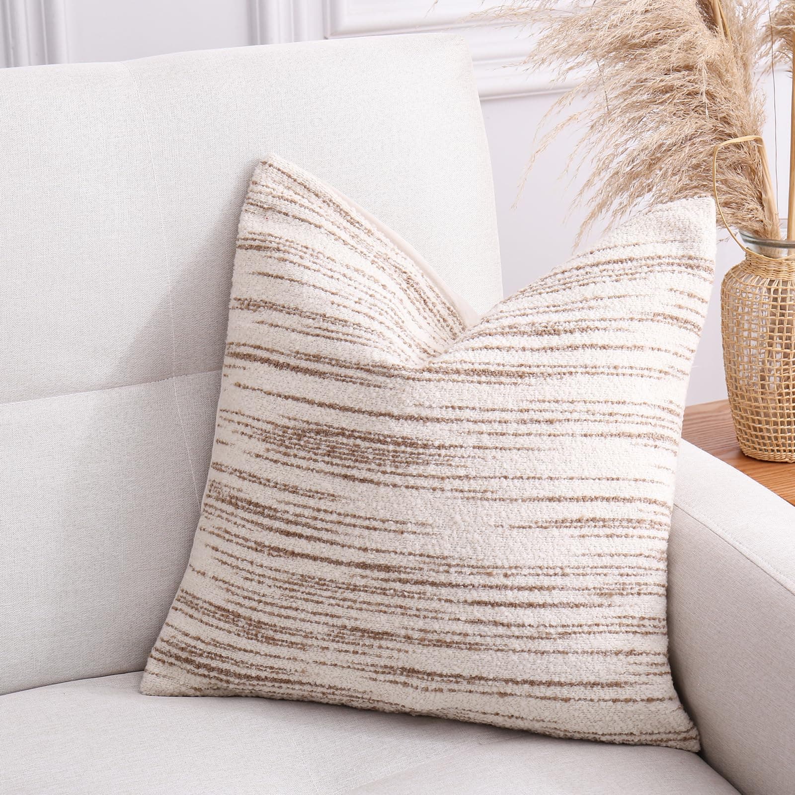 Brown and Cream Textured Striped Pillow Cover 18x18, Modern Farmhouse Decor for Couch Bed Sofa