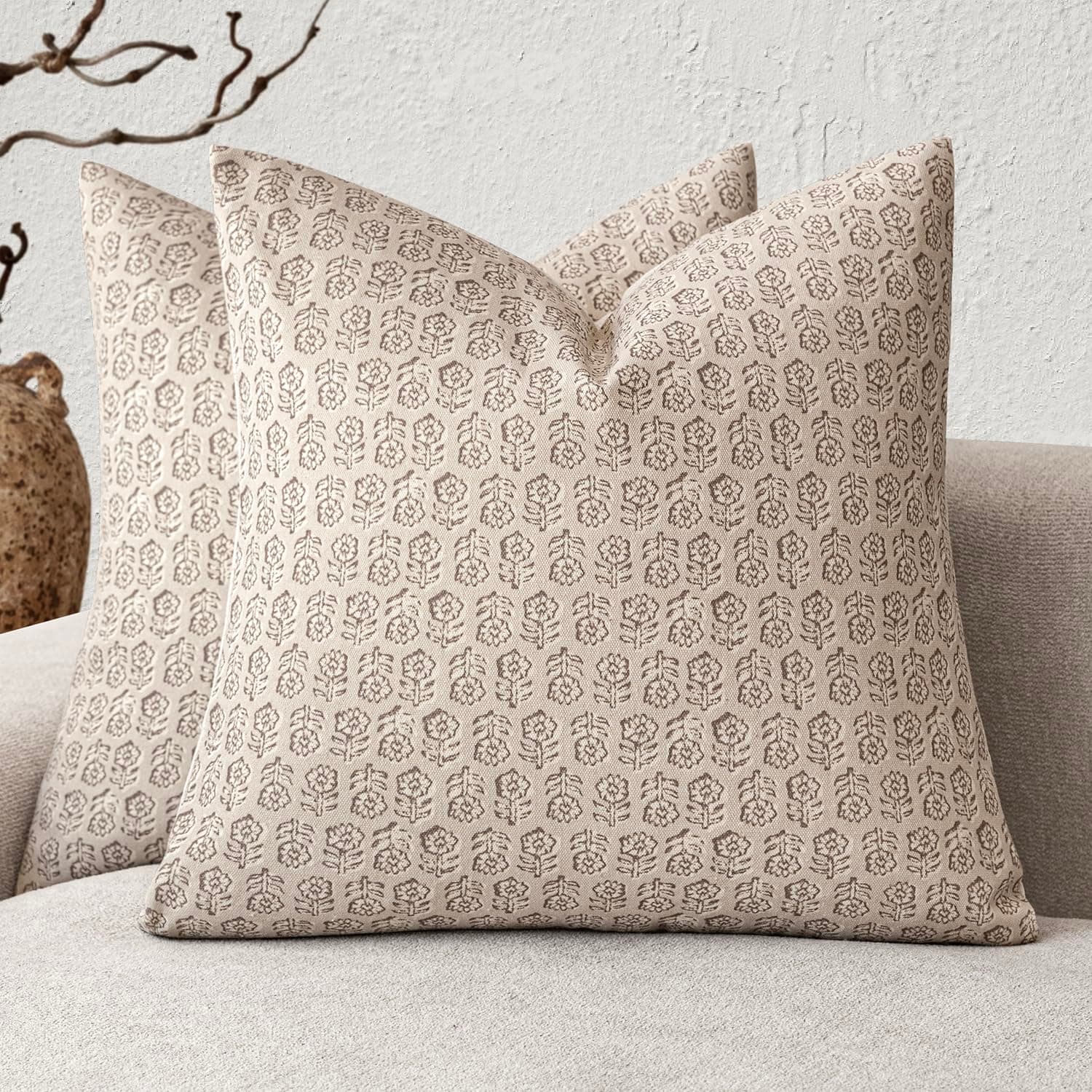 Neutral Floral Print Throw Pillow Covers Set of 2 for Farmhouse Decor (18×18 Inch, Ivory Beige)