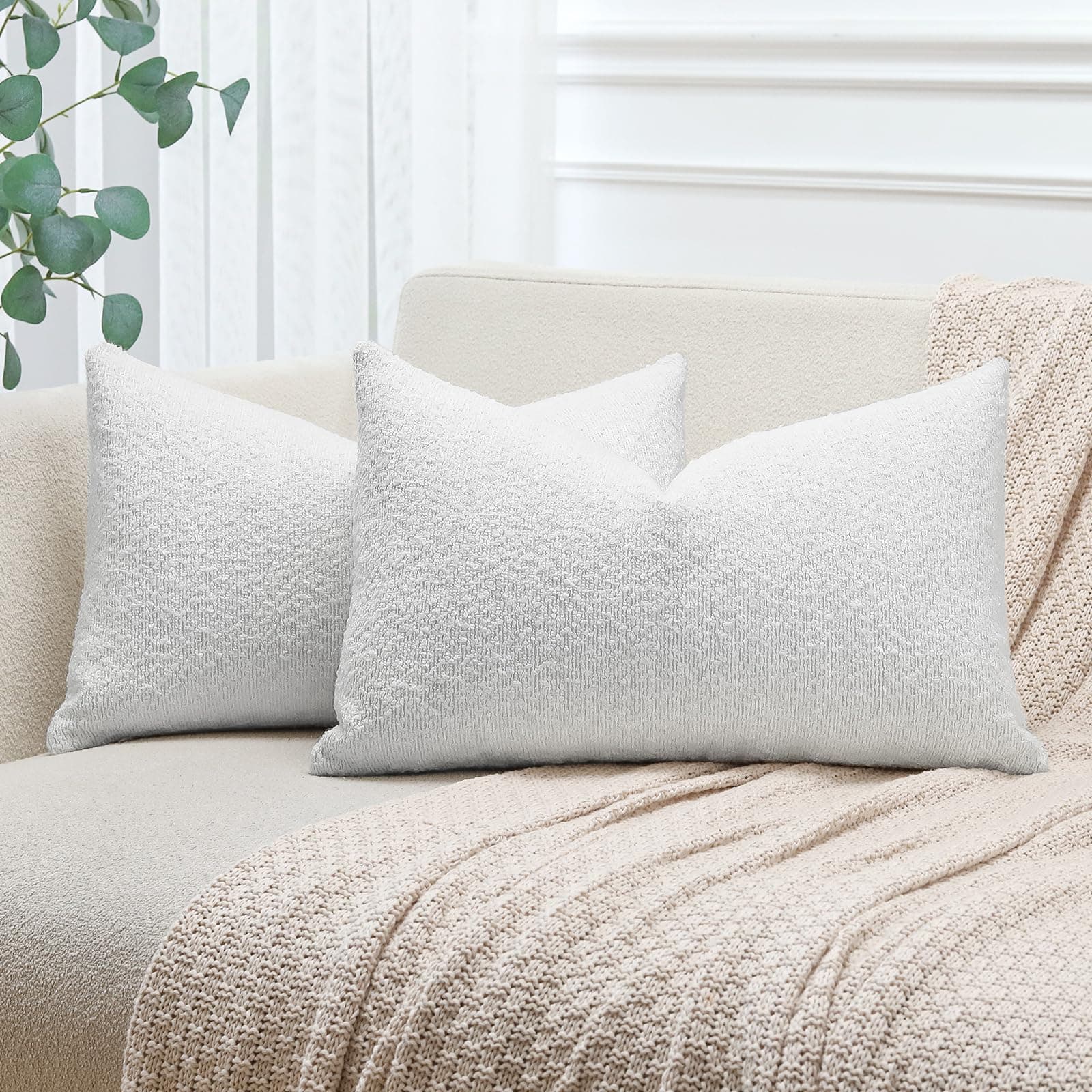 Textured Boucle Throw Pillow Covers 12x20 Inch Ivory White (Pack of 2)