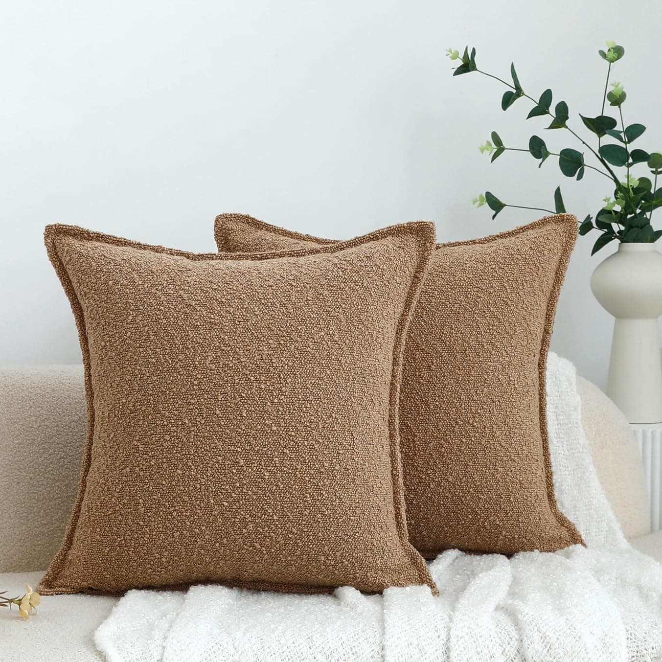 LIGICKY 18x18 Inch Light Brown Textured Neutral Boucle Pillow CoversPack of 2