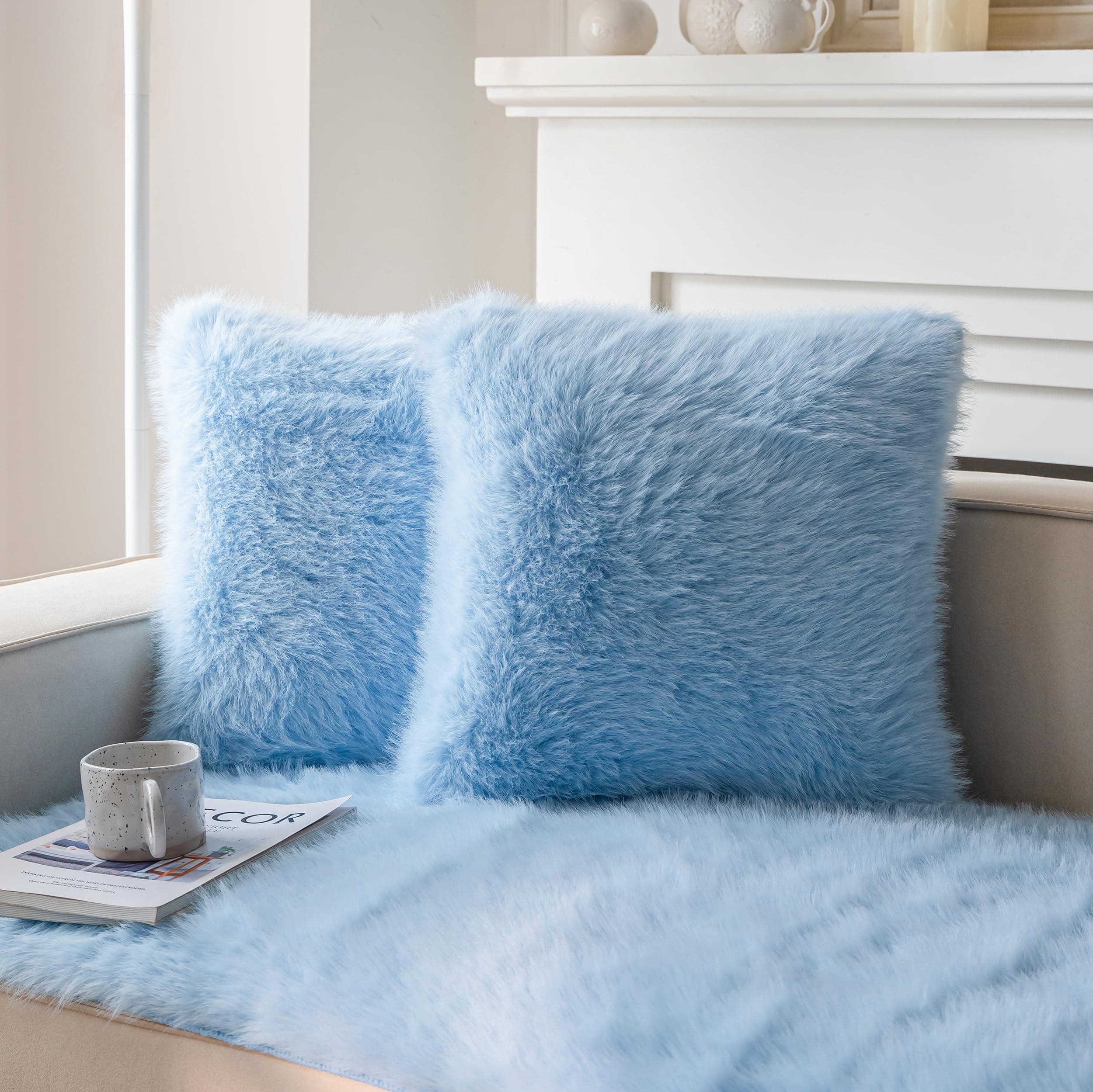 Blue Faux Fur Decorative Throw Pillow Covers for Sofa - Set of 2