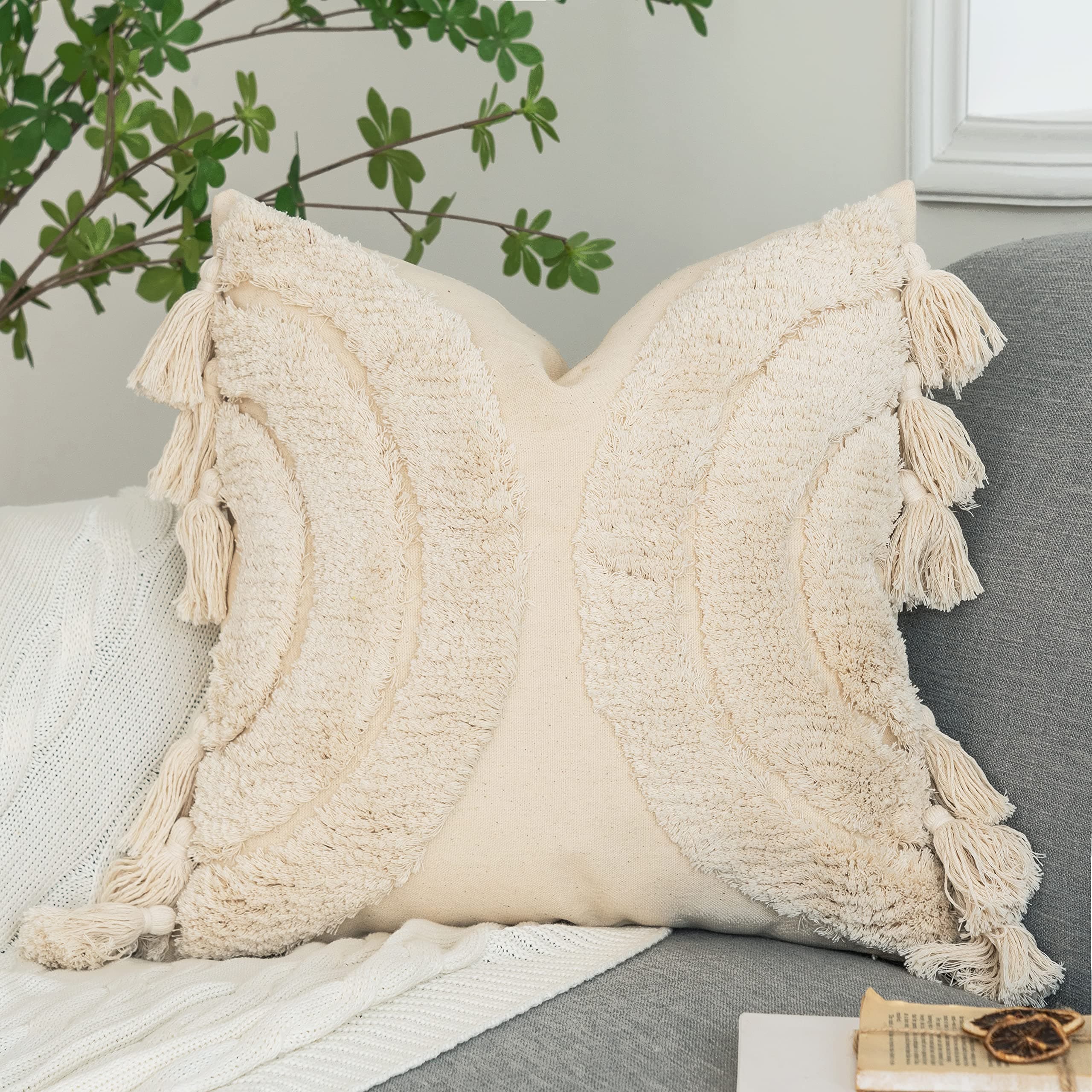 Bohemian Rainbow Tufted Throw Pillow Cover with Tassels – Cozy Cotton Canvas Home Decor