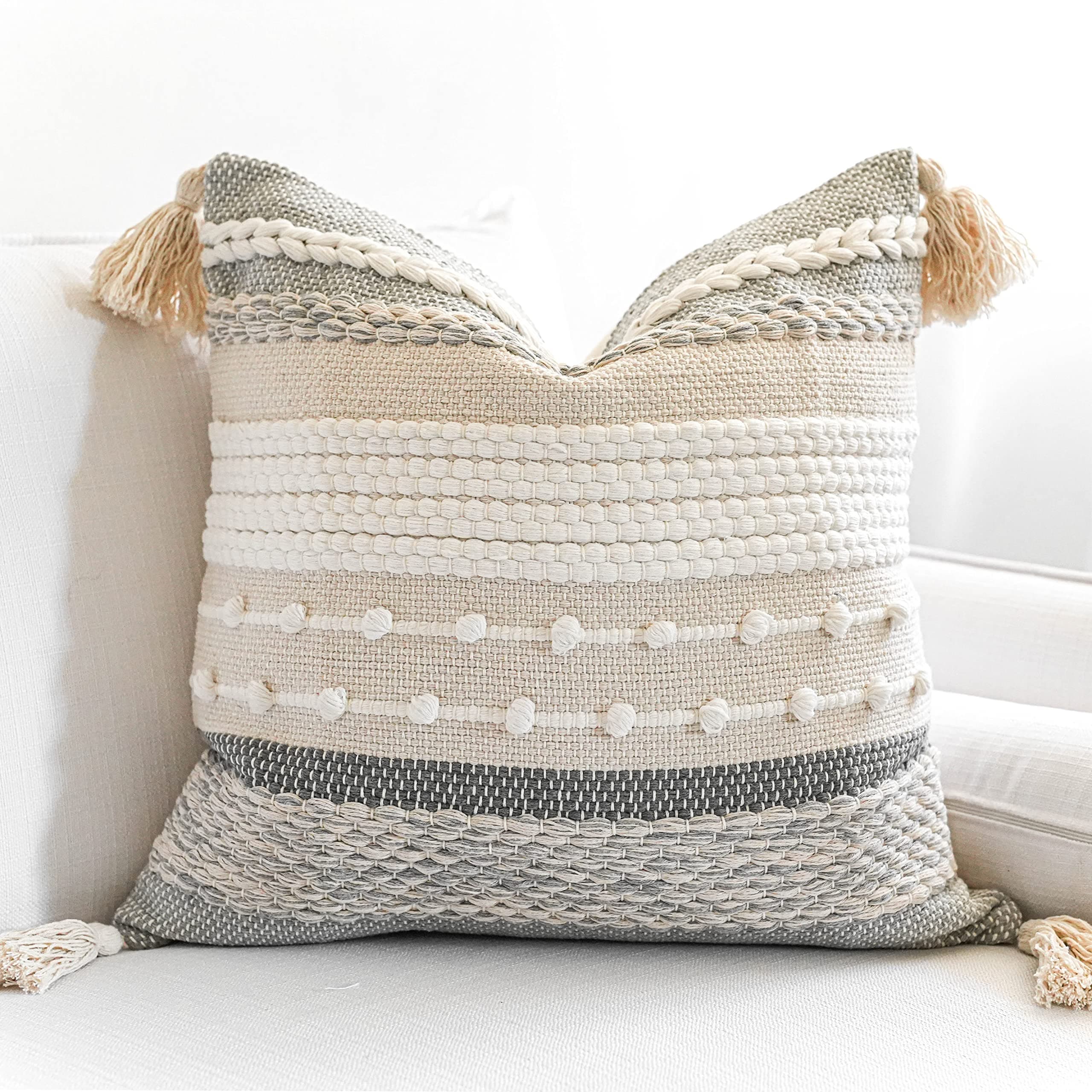 Gray Boho 20x20 Throw Pillow Cover - Woven Decorative Accent for Couch and Bed (Single Pack)