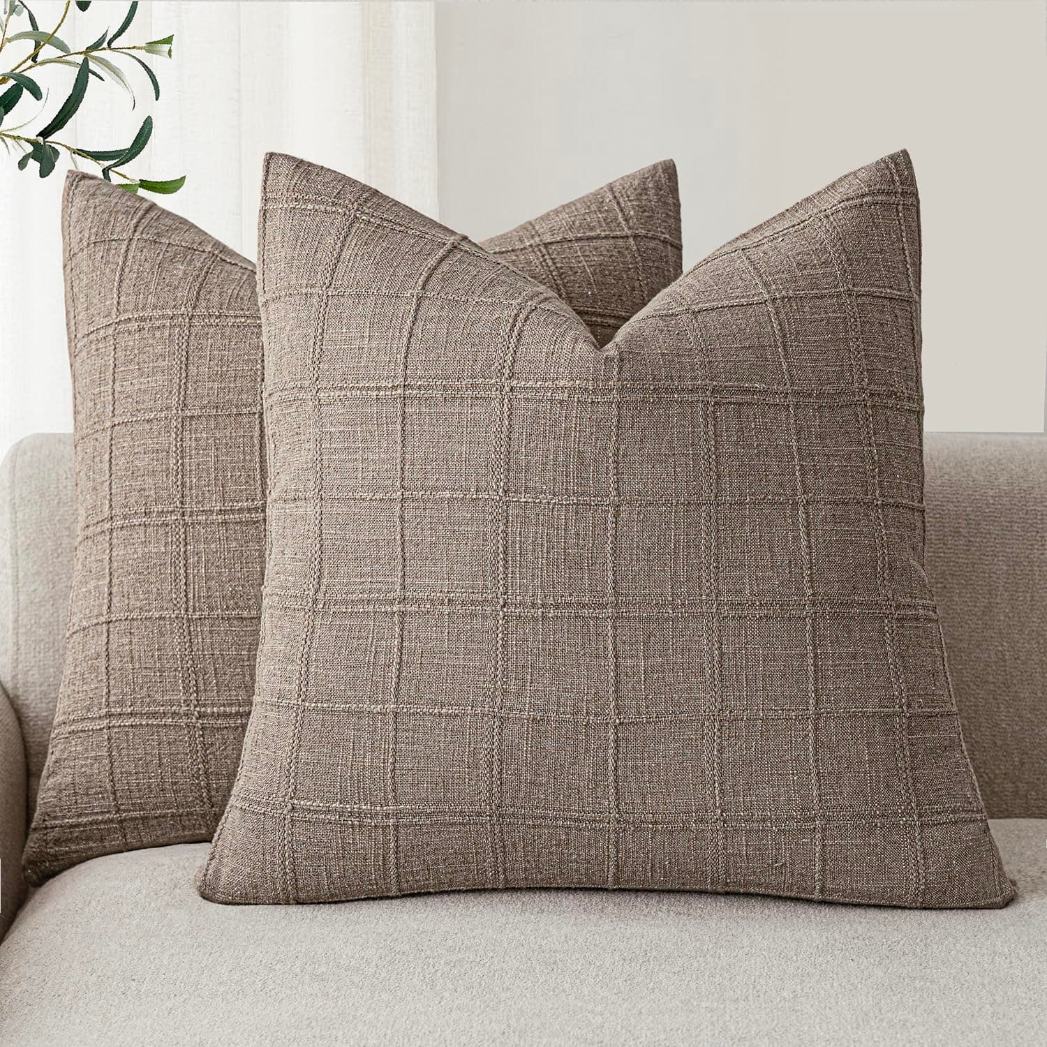 Farmhouse Decorative Linen Check Throw Pillow Covers Set of 2 for Living Room, 22x22 Inch