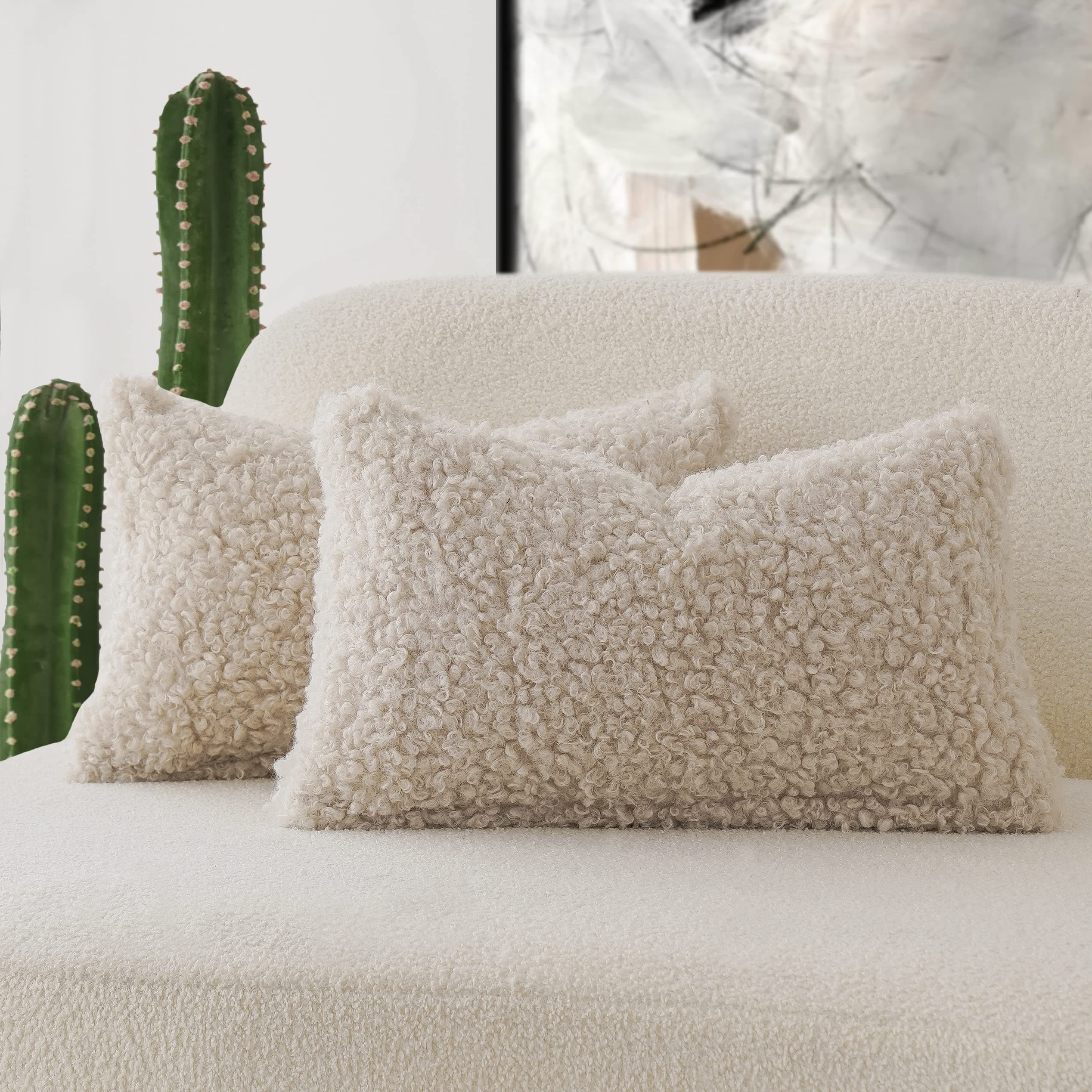 2 Pack Curly Teddy Wool Faux Fur Pillow Covers - 12x20 Neutral Cream - for Chair and Couch