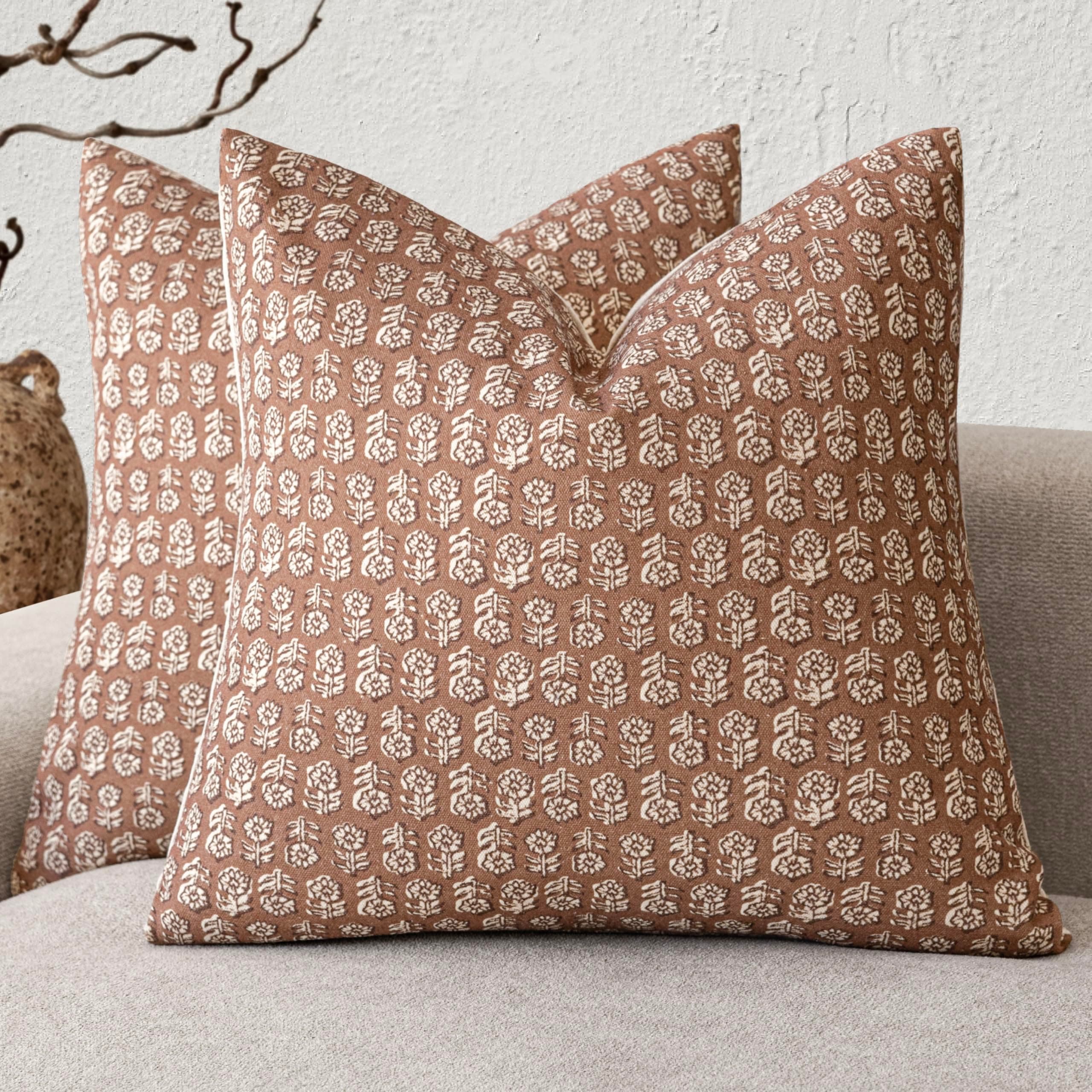 Vintage Floral Print Throw Pillow Covers for Farmhouse Decor - Set of 2, 22x22 Inch