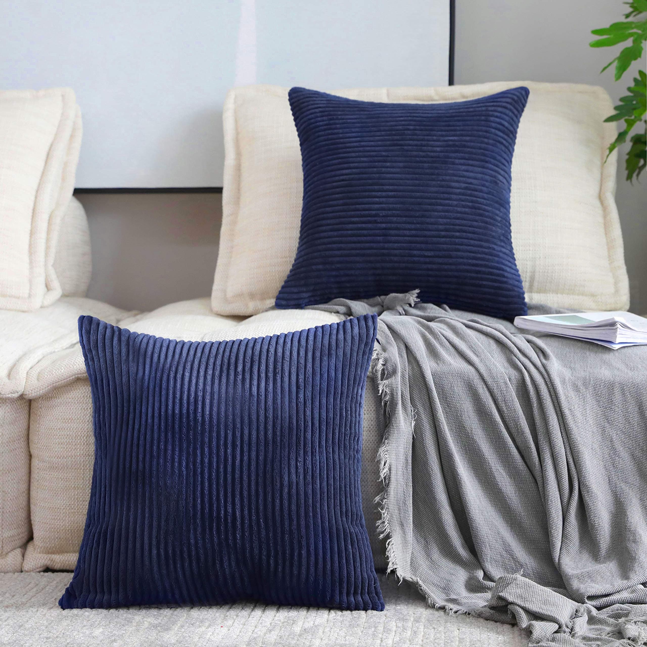 Navy Stripe Velvet Pillows for Couch, Set of 2, 40x40cm