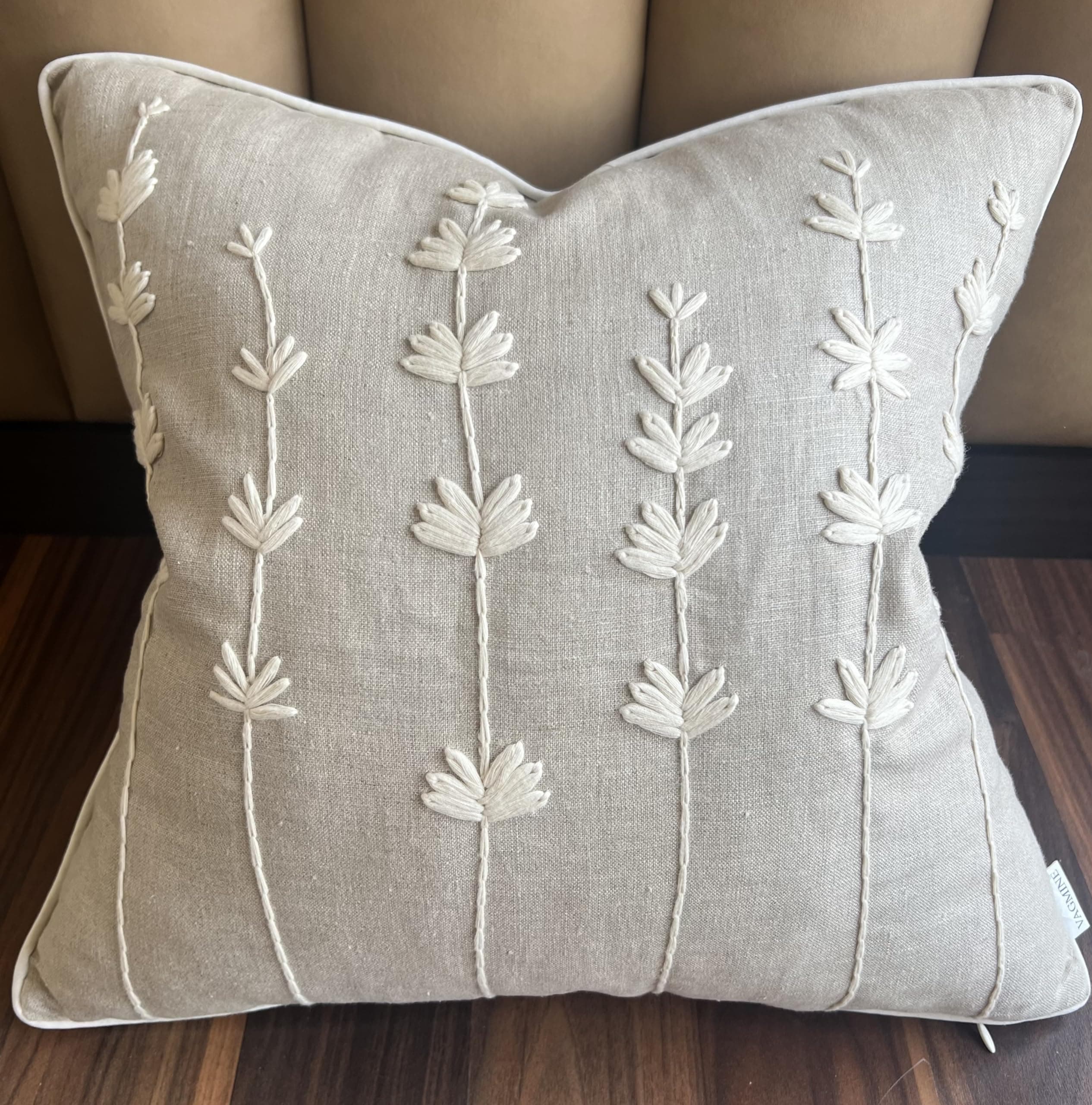 VAGMINE Hand Embroidered Daisy Accent Pillow Cover - 18x18 Inches - 100% Linen Decor - Boho Floral Couch Cushion