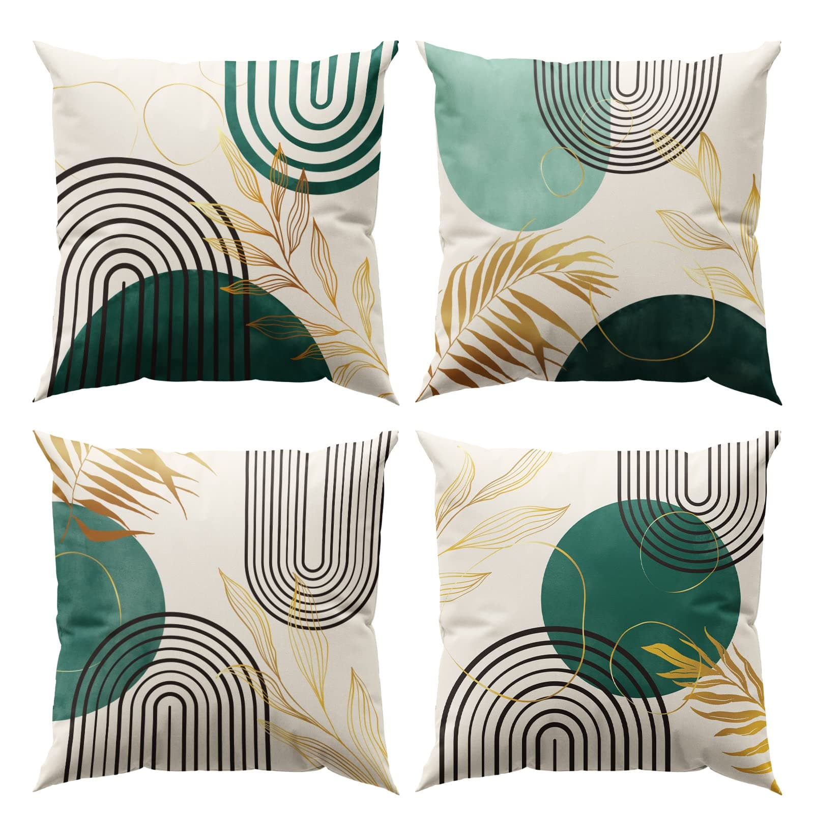 Boho Green Geometric Gold Leaf Pillow Covers Set of 4