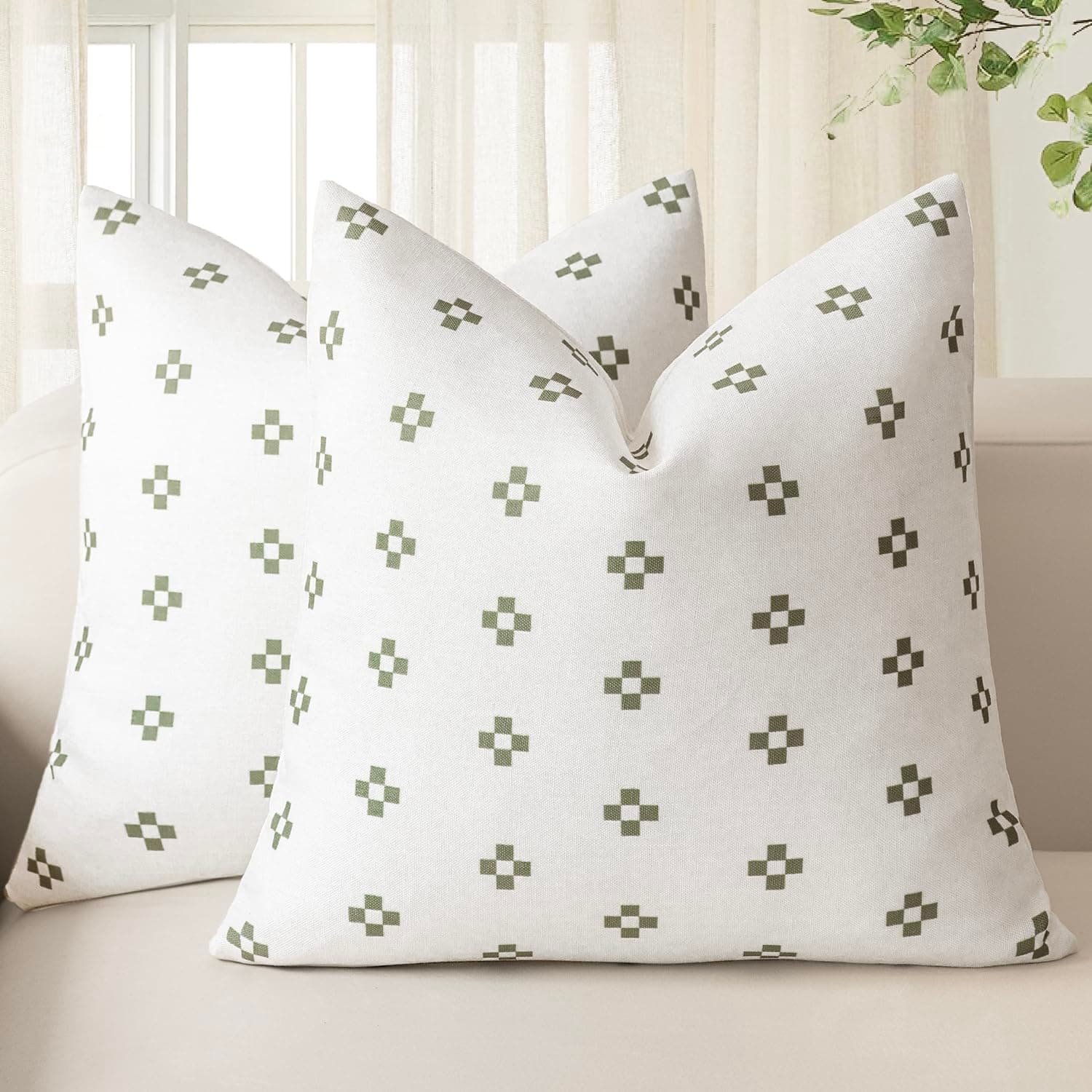 Modern Farmhouse Pillow Covers Set of 2 White/Light Green Accent Cushion Case 20x20 Inch