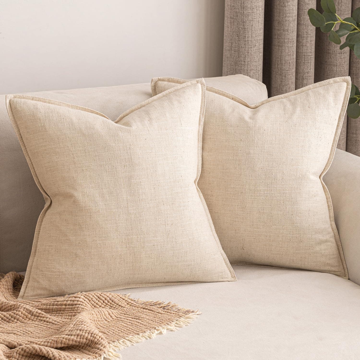MIULEE Set of 2 Natural Beige Linen Pillow Covers 18x18 Inch for Home Decor, Couch, and Sofa