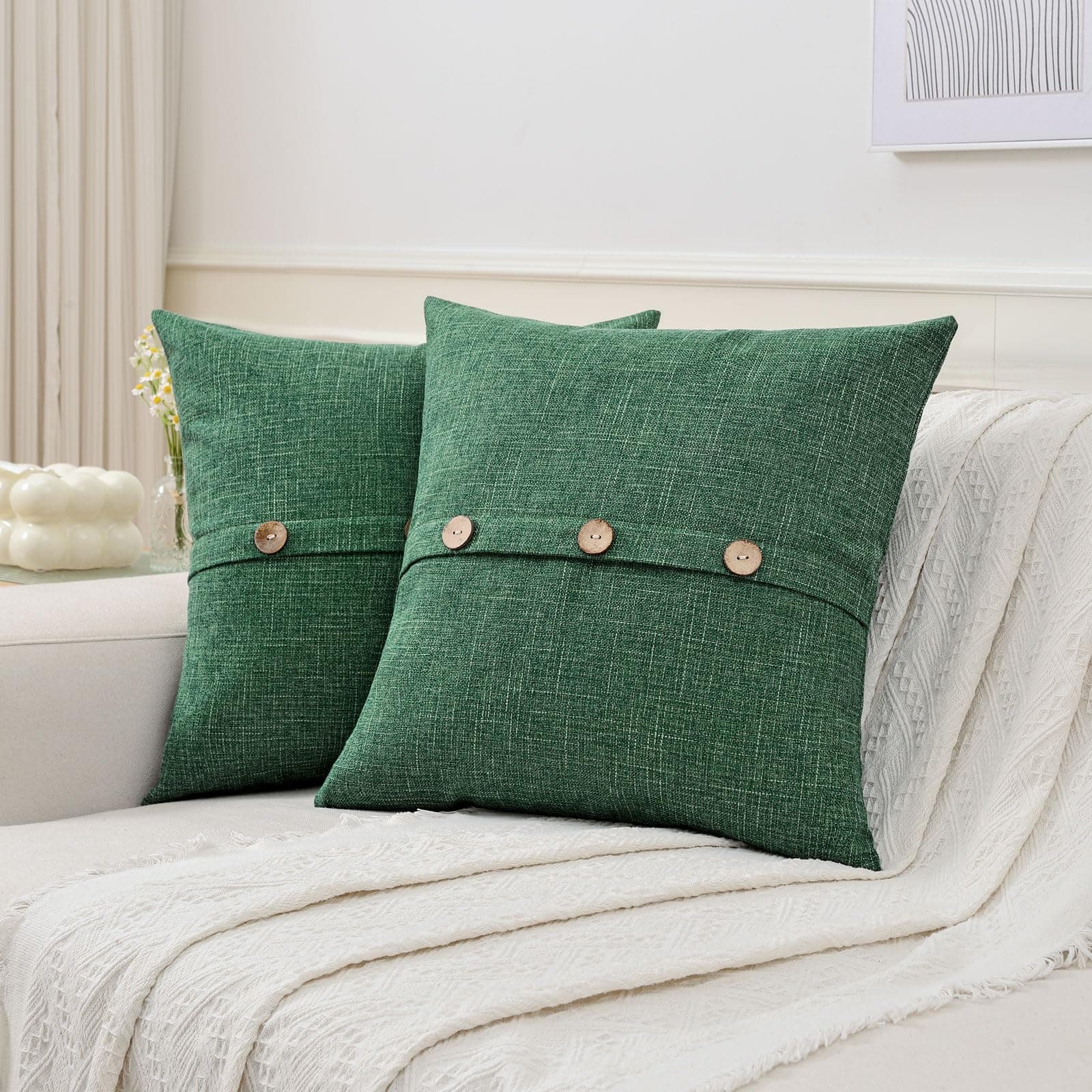 Set of 2 Emerald Green Linen Throw Pillow Covers 20x20 Inch with Vintage Buttons/Hidden Zipper for Couch or Bed.