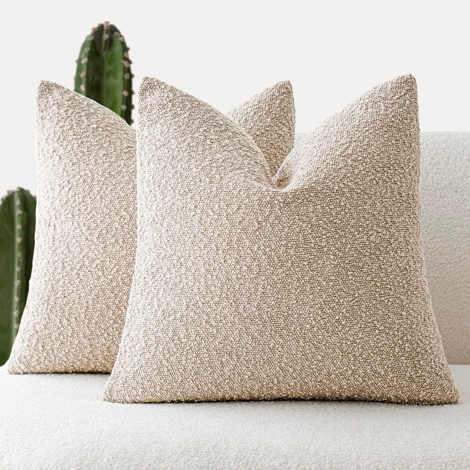 2-Pack 20x20 Inch Textured Boucle Throw Pillow Covers in Oatmeal - Cozy Solid Accent Cases for Home Decor