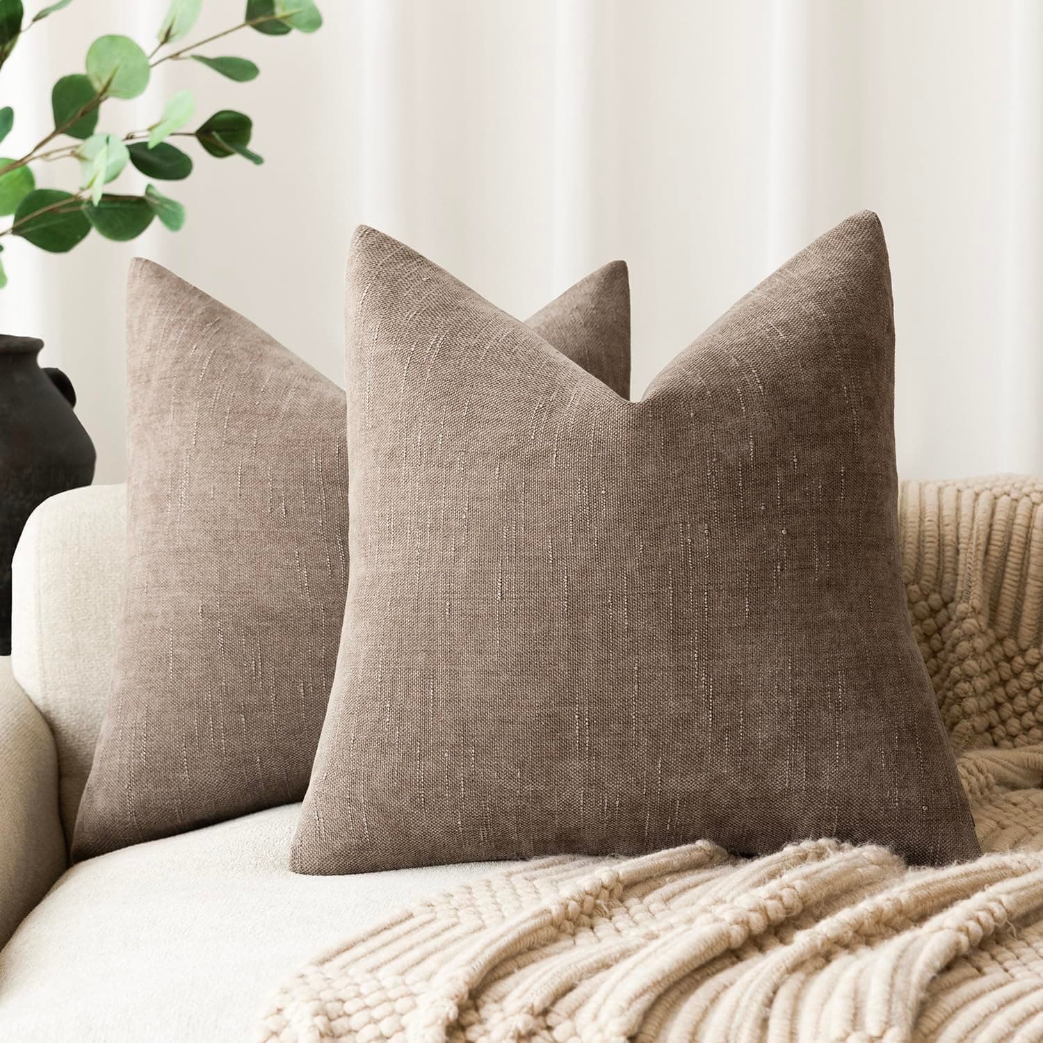 2 Pack Soft Chenille Throw Pillow Covers with Zipper 22x22 Inch, Solid Taupe Color
