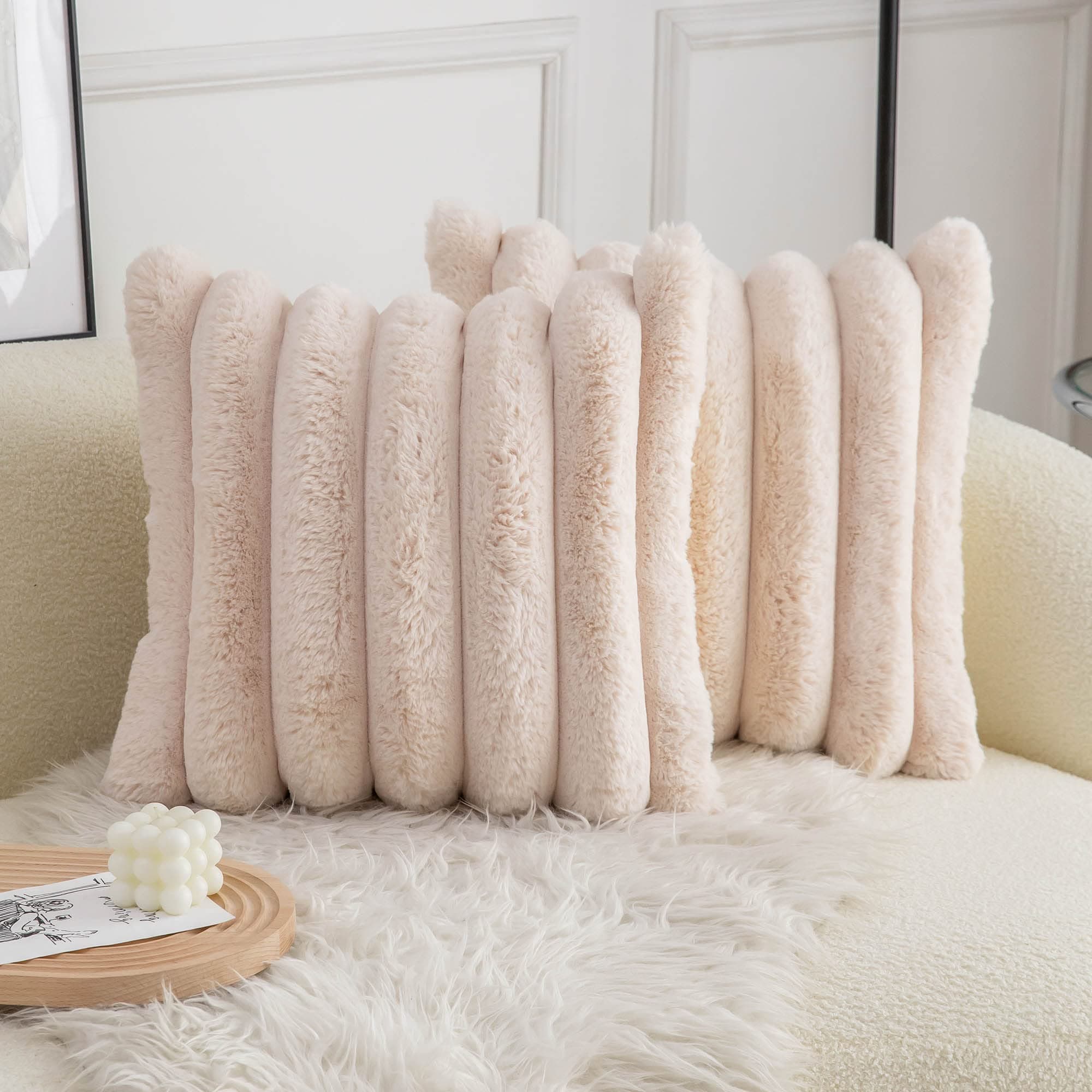 Soft Beige Faux Fur Striped Throw Pillow Covers - Set of 2 (18x18 inch)