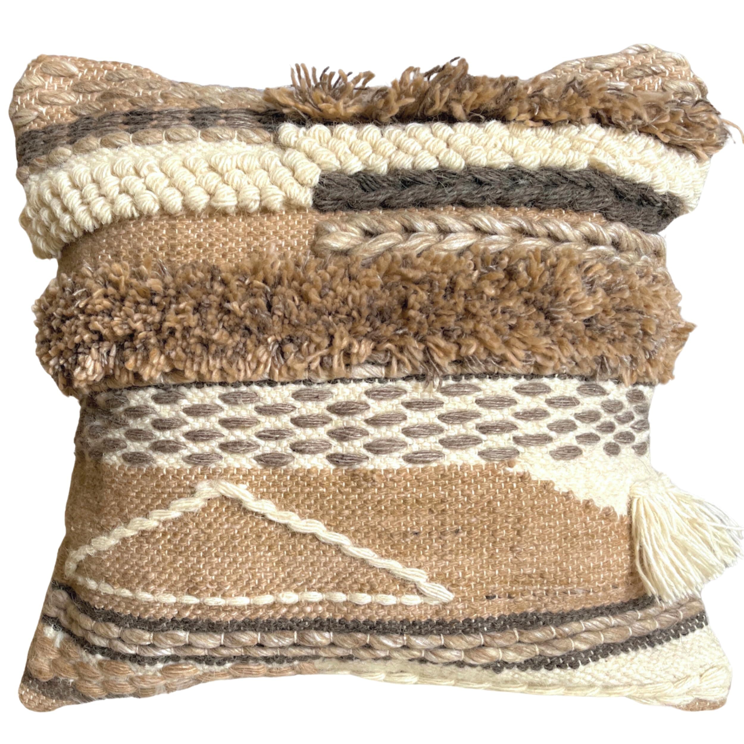 Trendy Boho-Chic 18x18 Handwoven Cotton/Wool Throw Pillow Cover, Neutral Farmhouse Decor