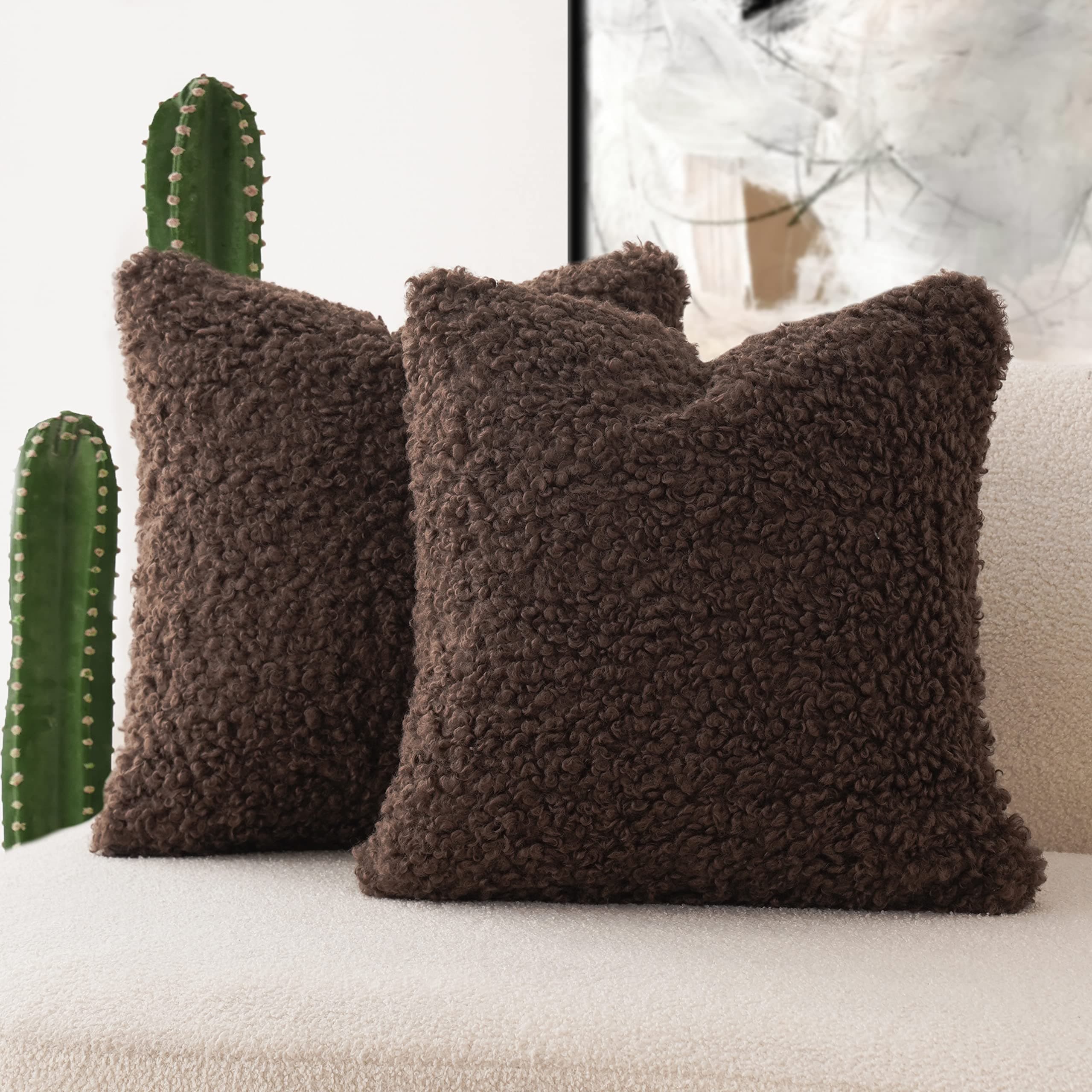 Faux Fur Throw Pillow Cover Set - Cozy Sherpa Accent Pillowcases for Bed, Couch - 18x18 Inch, Chocolate