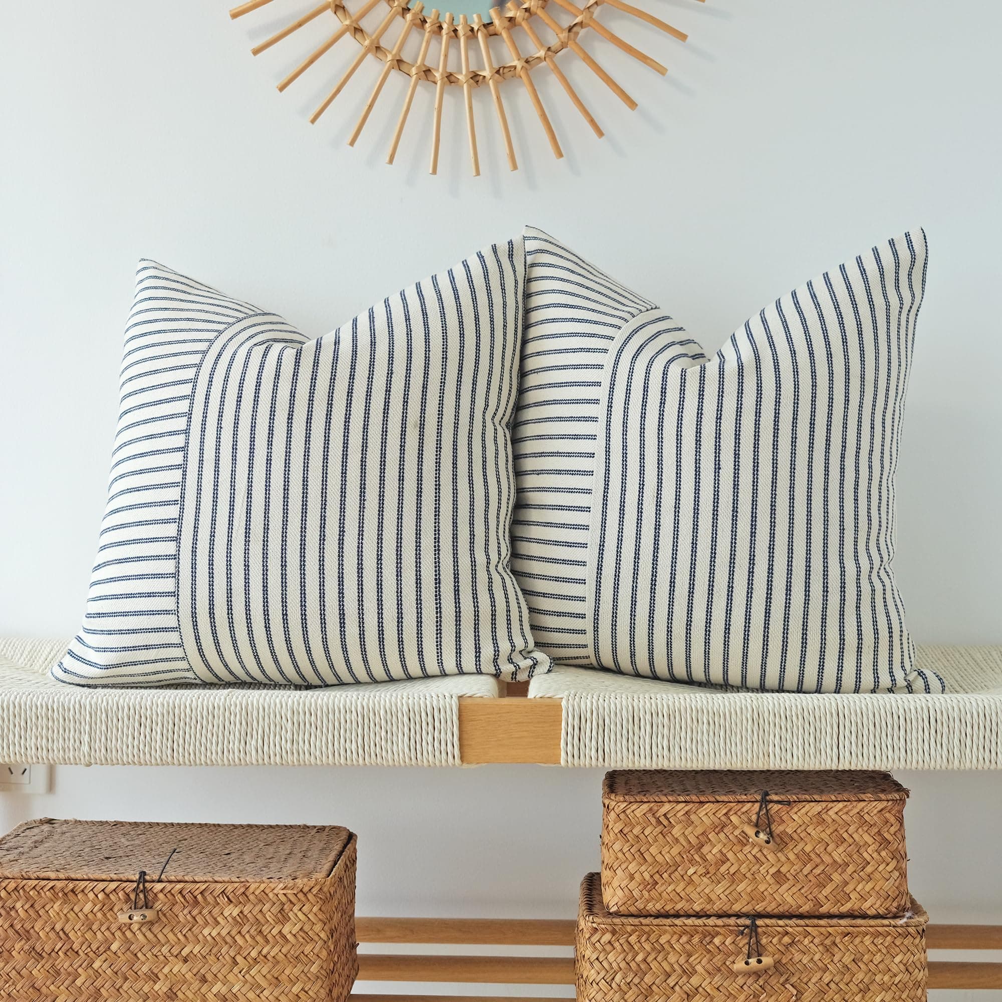 Navy Blue and Beige Patchwork Farmhouse Pillow Covers 16x16 Inch, Pack of 2