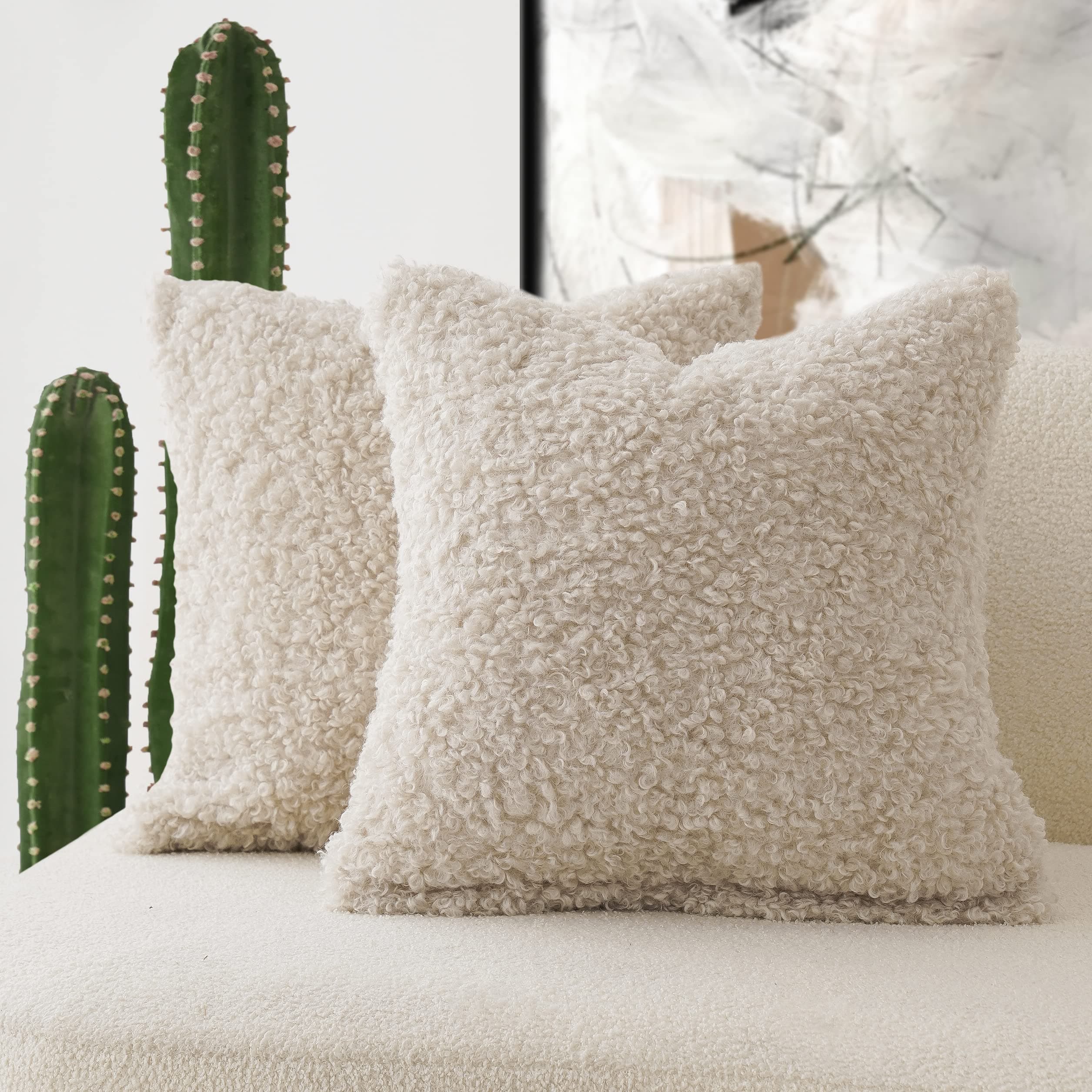 Faux Fur Throw Pillow Cover for Home Decor 18x18 Inch Cream Color