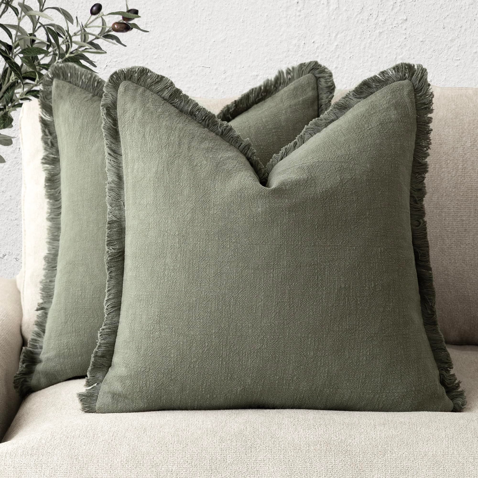 Set of 2 Fringe Throw Pillow Covers for Farmhouse Decor - Olive Green
