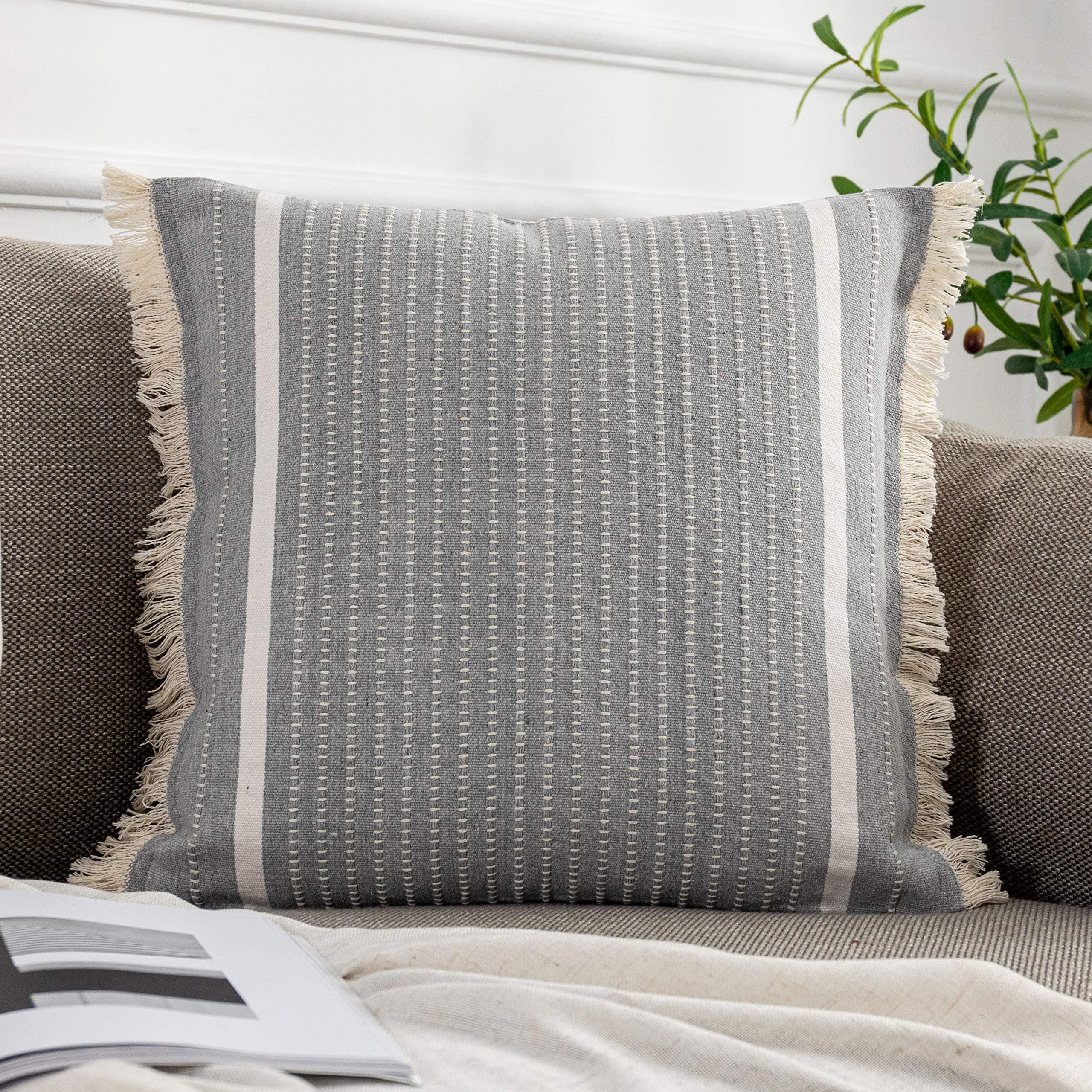 OJIA Modern Woven Throw Pillow Cover with Tassels, Grey (20x20 inches)